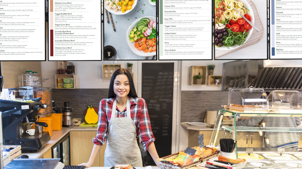 Digital menu boards in a cafe