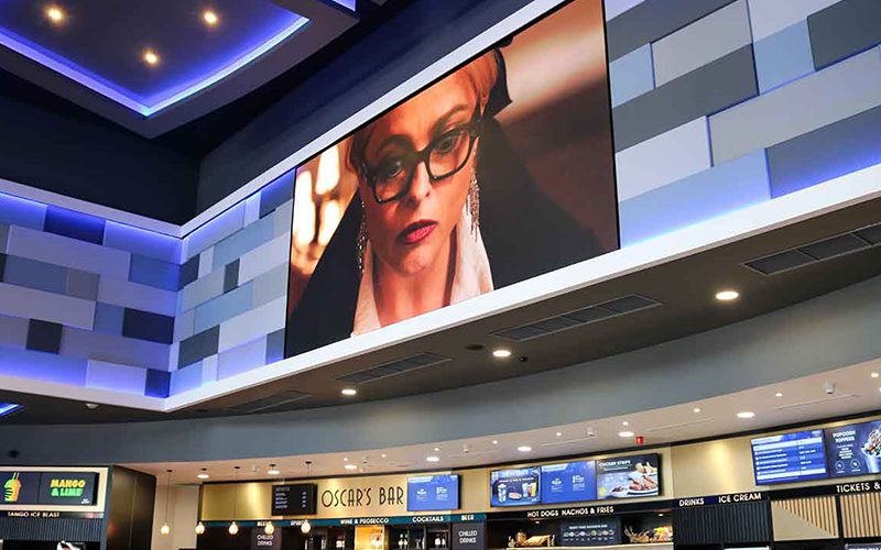 Large format digital LED wall in a cinema showing trailers