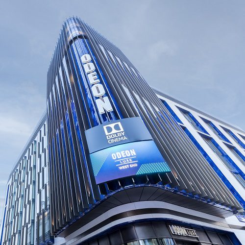 Outdoor, curved LED wall on the outside of an ODEON cinema in London